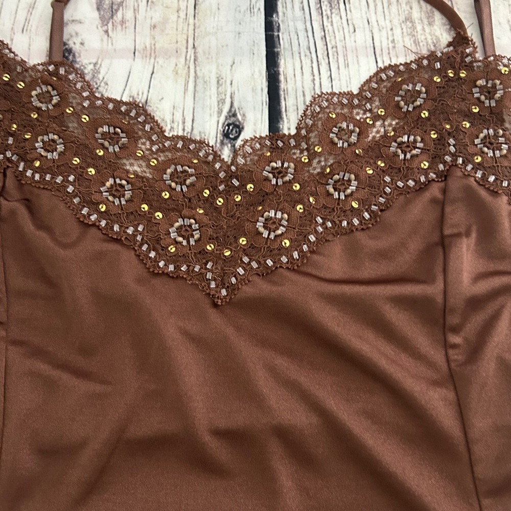 The Limited Brown Lace Trim Beaded Babydoll Cami Top Womens Sz M Y2K Preppy Chic - Picture 6 of 11